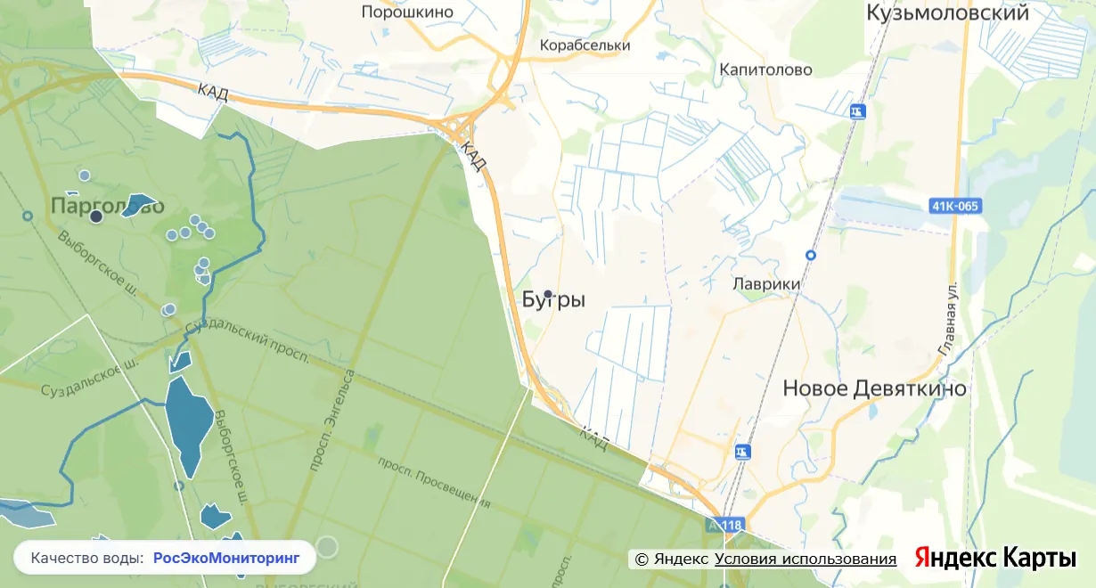 Карта качества воды вокруг Бугров: реки и водоёмы по классу качества, населённые пункты и пункты наблюдения