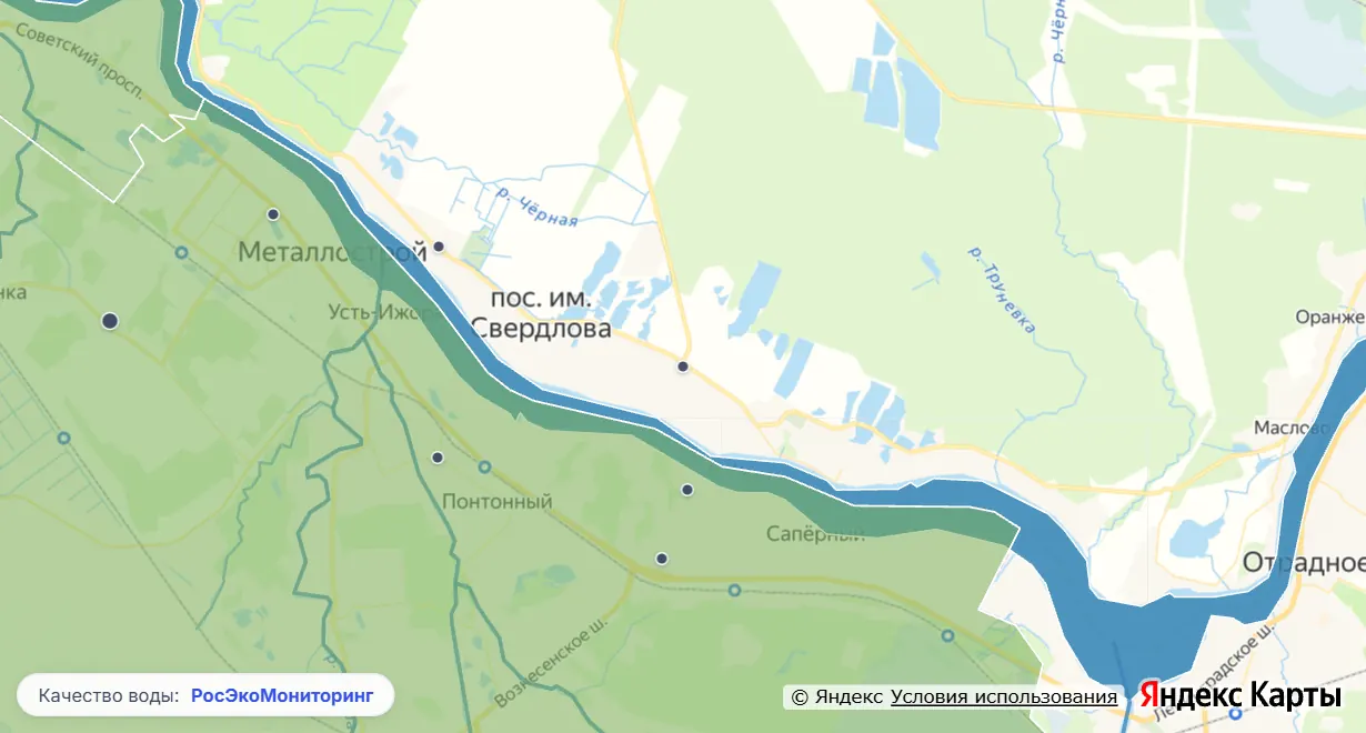 Карта качества воды вокруг посёлка имени Свердлова: реки и водоёмы по классу качества, населённые пункты и пункты наблюдения