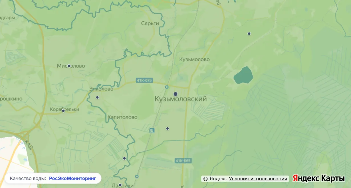 Карта качества воды Ленинградской области: реки и водоёмы по классу качества, населённые пункты и пункты наблюдения