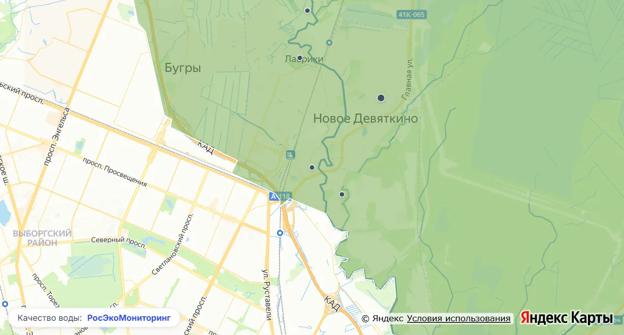 Карта качества воды вокруг Мурино: реки и водоёмы по классу качества, населённые пункты и пункты наблюдения