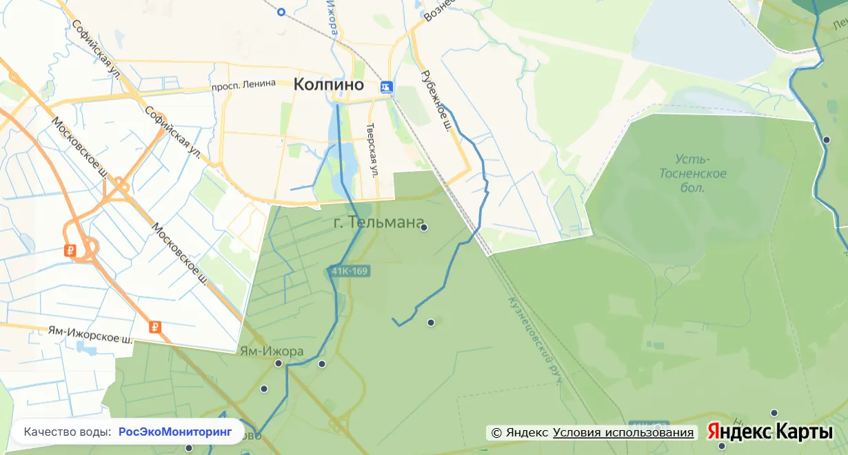 Карта качества воды вокруг посёлка Тельмана: реки и водоёмы по классу качества, населённые пункты и пункты наблюдения