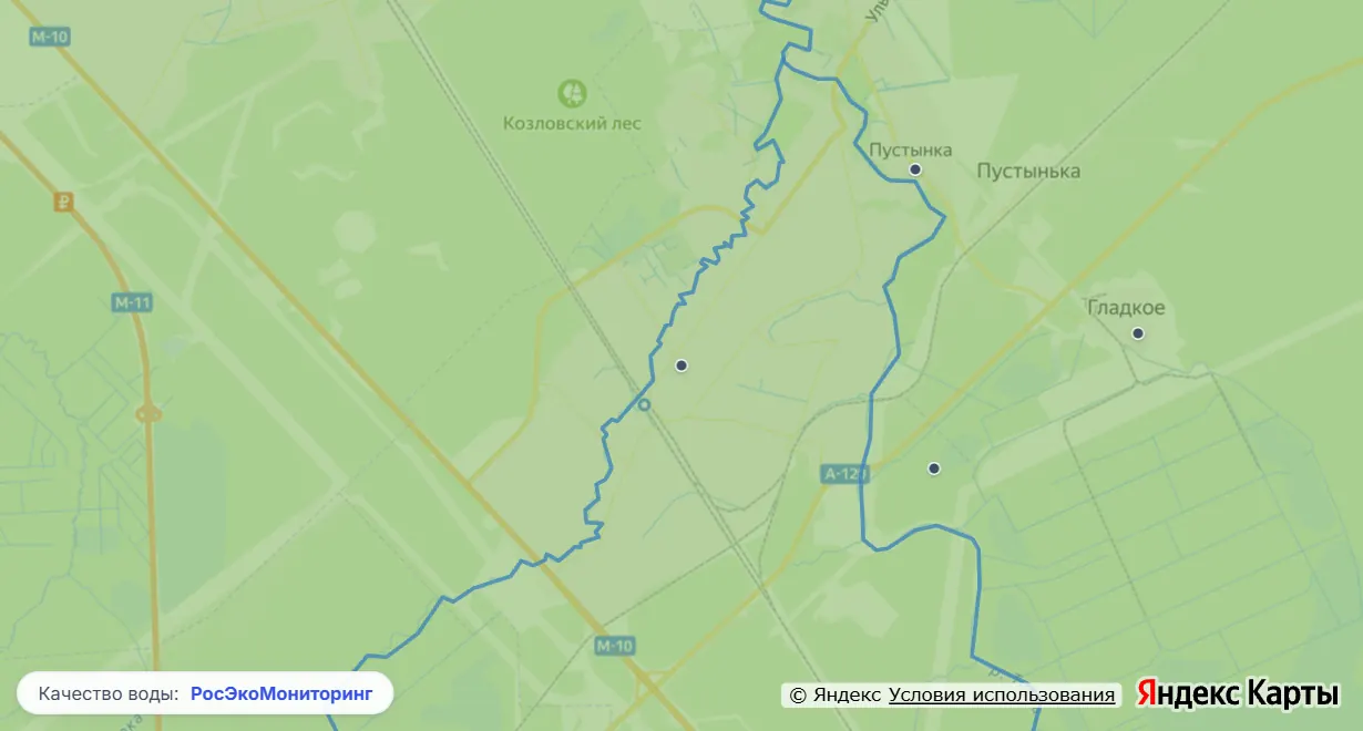 Карта качества воды вокруг Ульяновки: реки и водоёмы по классу качества, населённые пункты и пункты наблюдения