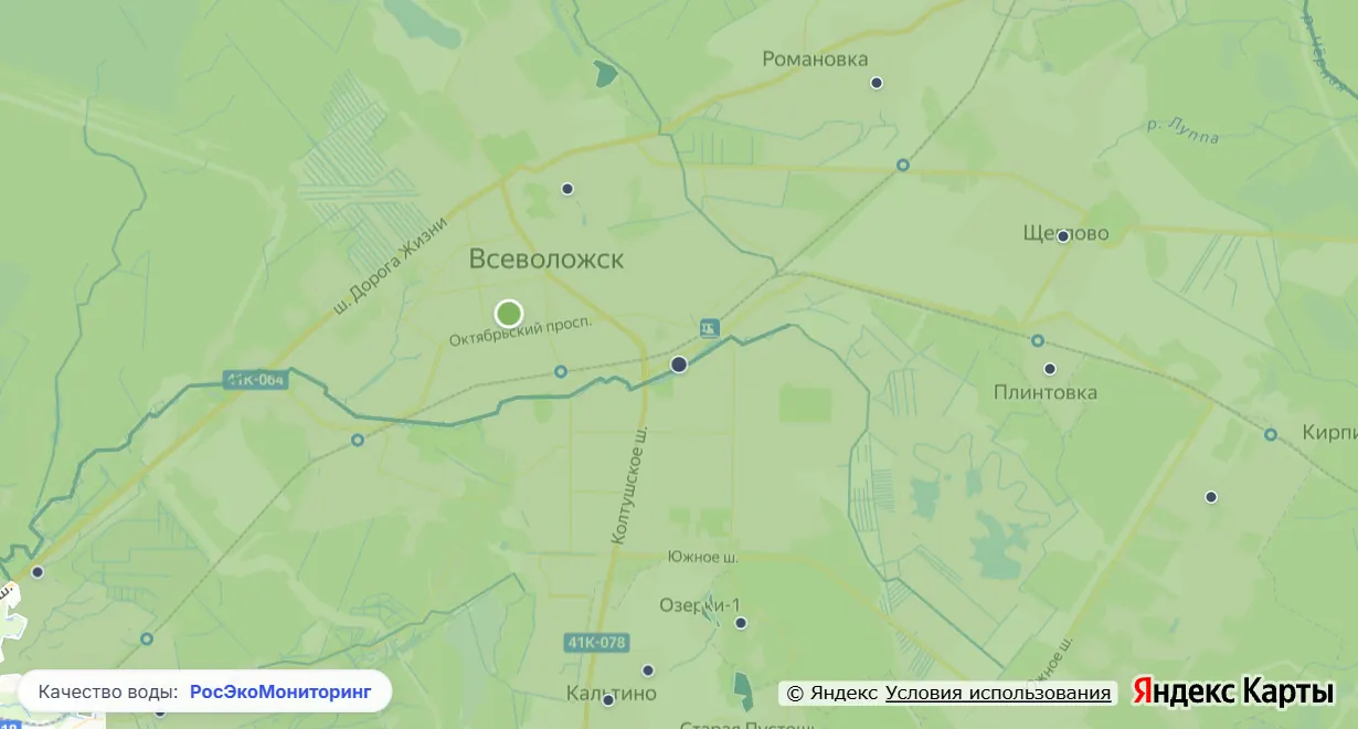 Карта качества воды вокруг Всеволожска: реки и водоёмы по классу качества, населённые пункты и пункты наблюдения